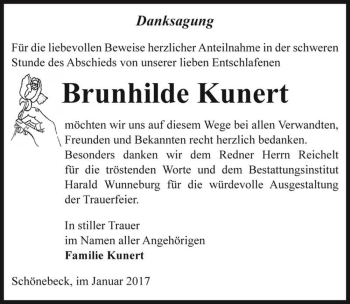 Traueranzeige von Brunhilde Kunert  von Magdeburger Volksstimme