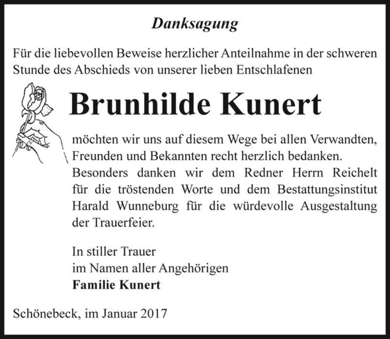  Traueranzeige für Brunhilde Kunert  vom 28.01.2017 aus Magdeburger Volksstimme