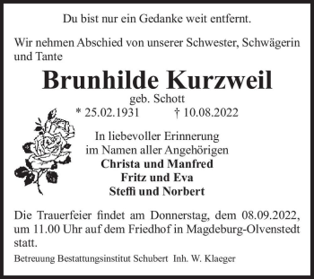Traueranzeige von Brunhilde Kurzweil (geb. Schott)  von Magdeburger Volksstimme