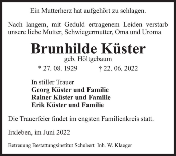 Traueranzeige von Brunhilde Küster (geb. Höltgebaum)  von Magdeburger Volksstimme
