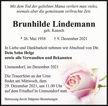 Traueranzeige von Brunhilde Lindemann (geb. Kausch)  von Magdeburger Volksstimme