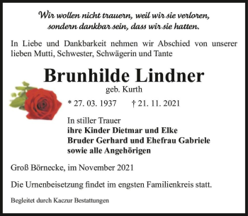 Traueranzeige von Brunhilde Lindner (geb. Kurth)  von Magdeburger Volksstimme