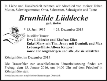 Traueranzeige von Brunhilde Lüddecke (geb. Rohn)  von Magdeburger Volksstimme