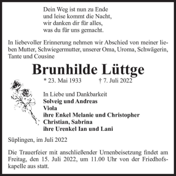 Traueranzeige von Brunhilde Lüttge  von Magdeburger Volksstimme
