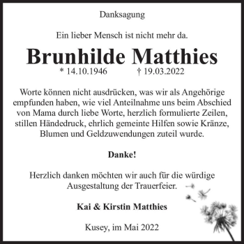 Traueranzeige von Brunhilde Matthies  von Magdeburger Volksstimme
