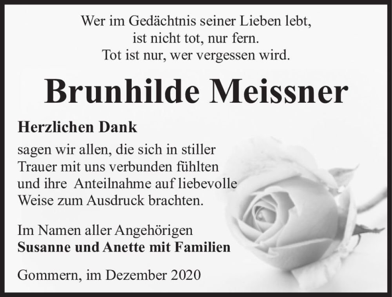  Traueranzeige für Brunhilde Meissner  vom 12.12.2020 aus Magdeburger Volksstimme