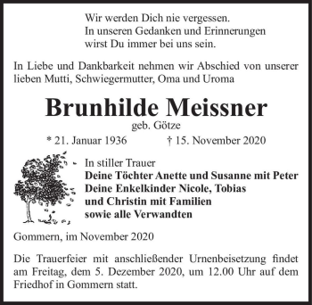 Traueranzeige von Brunhilde Meissner (geb. Götze)  von Magdeburger Volksstimme