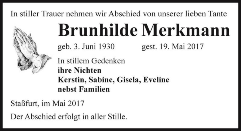  Traueranzeige für Brunhilde Merkmann  vom 27.05.2017 aus Magdeburger Volksstimme