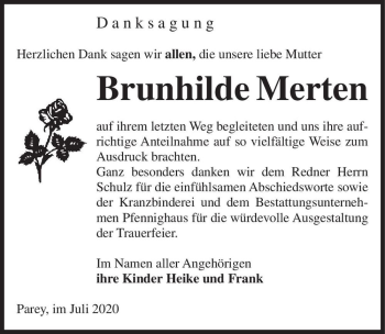 Traueranzeige von Brunhilde Merten  von Magdeburger Volksstimme