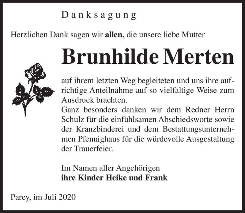  Traueranzeige für Brunhilde Merten  vom 25.07.2020 aus Magdeburger Volksstimme