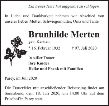 Traueranzeige von Brunhilde Merten (geb. Kersten)  von Magdeburger Volksstimme