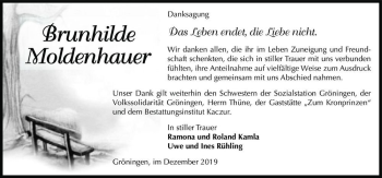 Traueranzeige von Brunhilde Moldenhauer  von Magdeburger Volksstimme