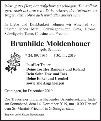 Traueranzeige von Brunhilde Moldenhauer (geb. Schmidt)  von Magdeburger Volksstimme