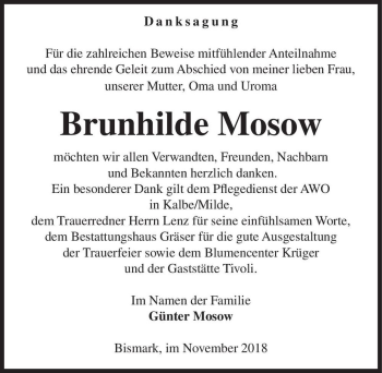 Traueranzeige von Brunhilde Mosow  von Magdeburger Volksstimme