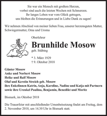 Traueranzeige von Brunhilde Mosow (geb. Stübing)  von Magdeburger Volksstimme