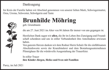 Traueranzeige von Brunhilde Möhring (geb. Grundmann)  von Magdeburger Volksstimme