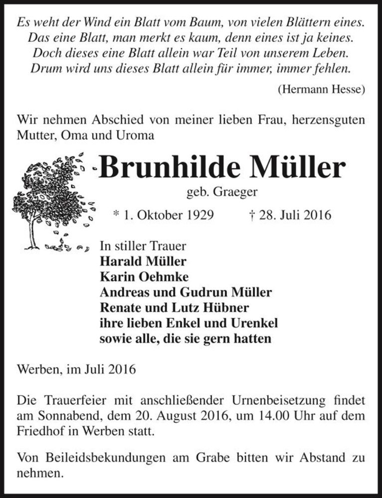  Traueranzeige für Brunhilde Müller (geb. Graeger)  vom 09.08.2016 aus Magdeburger Volksstimme