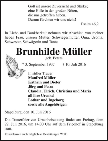 Traueranzeige von Brunhilde Müller (geb. Peters)  von Magdeburger Volksstimme
