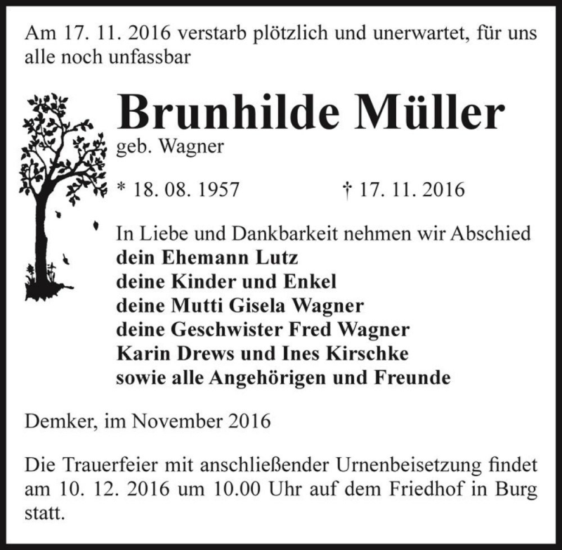  Traueranzeige für Brunhilde Müller (geb. Wagner)  vom 10.12.2016 aus Magdeburger Volksstimme
