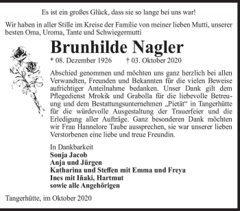 Traueranzeige von Brunhilde Nagler  von Magdeburger Volksstimme
