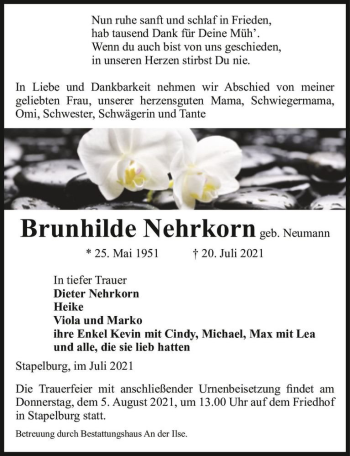 Traueranzeige von Brunhilde Nehrkorn (geb. Neumann)  von Magdeburger Volksstimme
