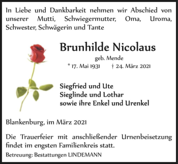 Traueranzeige von Brunhilde Nicolaus (geb. Mende)  von Magdeburger Volksstimme