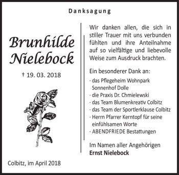 Traueranzeige von Brunhilde Nielebock  von Magdeburger Volksstimme