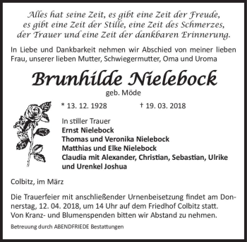 Traueranzeige von Brunhilde Nielebock (geb. Möde)  von Magdeburger Volksstimme