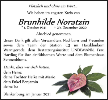 Traueranzeige von Brunhilde Noratzin  von Magdeburger Volksstimme