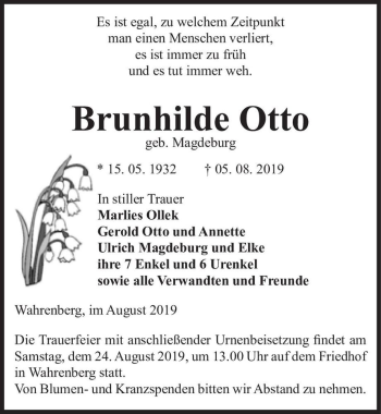 Traueranzeige von Brunhilde Otto (geb. Magdeburg)  von Magdeburger Volksstimme