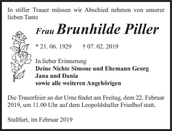 Traueranzeige von Brunhilde Piller  von Magdeburger Volksstimme