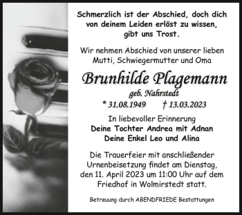 Traueranzeige von Brunhilde Plagemann (geb. Nahrstedt)  von Magdeburger Volksstimme