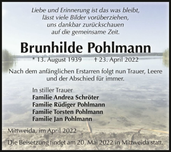 Traueranzeige von Brunhilde Pohlmann  von Magdeburger Volksstimme
