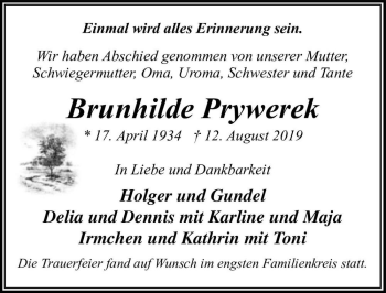 Traueranzeige von Brunhilde Prywerek  von Magdeburger Volksstimme