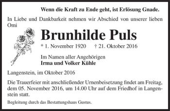 Traueranzeige von Brunhilde Puls  von Magdeburger Volksstimme