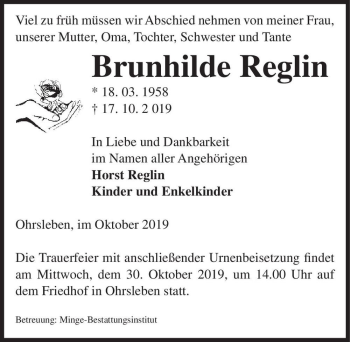Traueranzeige von Brunhilde Reglin  von Magdeburger Volksstimme
