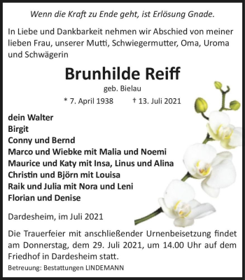 Traueranzeige von Brunhilde Reiff (geb. Bielau)  von Magdeburger Volksstimme