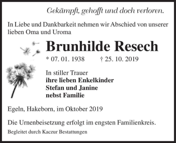 Traueranzeige von Brunhilde Resech  von Magdeburger Volksstimme