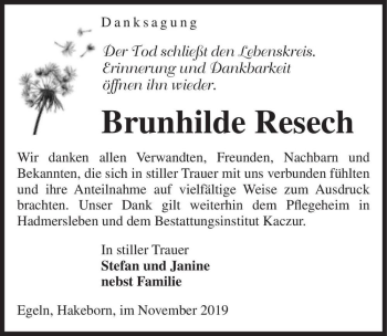 Traueranzeige von Brunhilde Resech  von Magdeburger Volksstimme