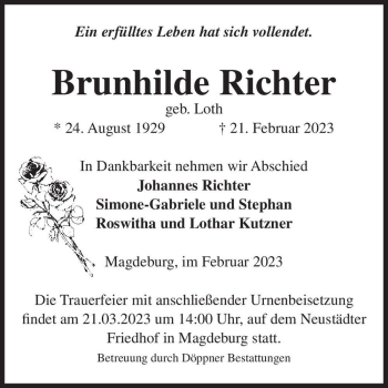 Traueranzeige von Brunhilde Richter (geb. Loth)  von Magdeburger Volksstimme