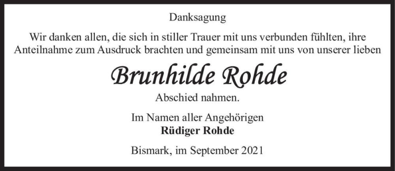  Traueranzeige für Brunhilde Rohde  vom 03.09.2021 aus Magdeburger Volksstimme