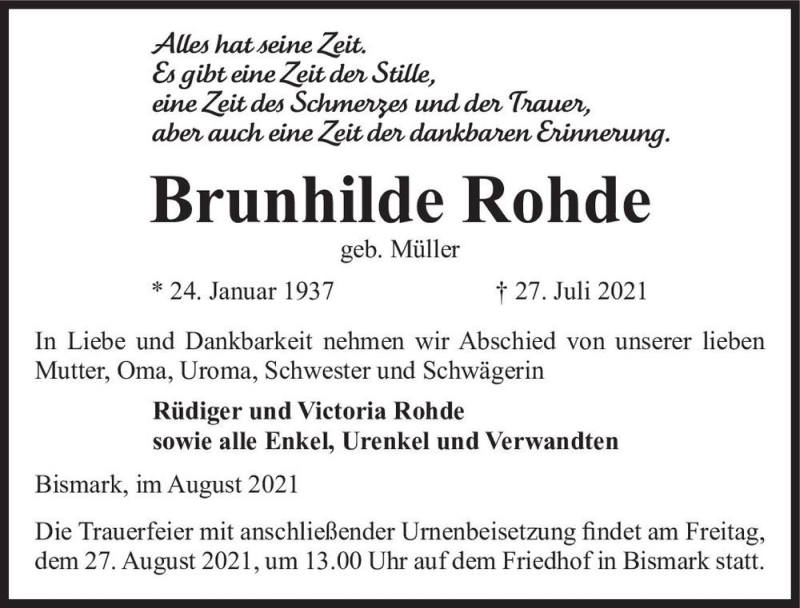  Traueranzeige für Brunhilde Rohde (geb. Müller)  vom 07.08.2021 aus Magdeburger Volksstimme