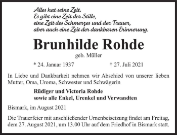 Traueranzeige von Brunhilde Rohde (geb. Müller)  von Magdeburger Volksstimme