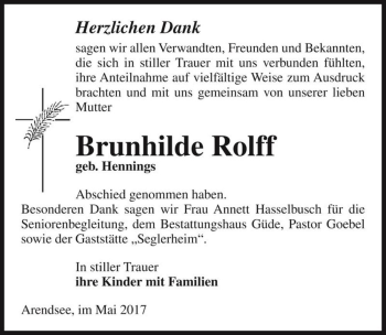Traueranzeige von Brunhilde Rolff (geb. Hennings)  von Magdeburger Volksstimme