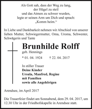 Traueranzeige von Brunhilde Rolff (geb. Hennings)  von Magdeburger Volksstimme