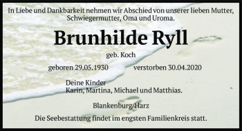 Traueranzeige von Brunhilde Ryll (geb. Koch)  von Magdeburger Volksstimme