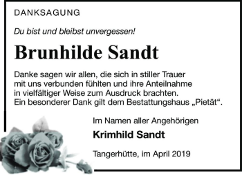 Traueranzeige von Brunhilde Sandt  von Magdeburger Volksstimme