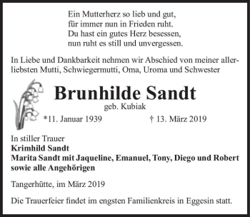 Traueranzeige von Brunhilde Sandt (geb. Kubiak)  von Magdeburger Volksstimme