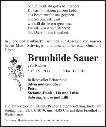 Traueranzeige von Brunhilde Sauer (geb. Richter)  von Magdeburger Volksstimme