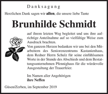 Traueranzeige von Brunhilde Schmidt  von Magdeburger Volksstimme